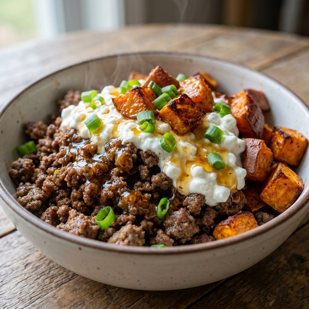 Hot honey cottage cheese sweet potato beef bowl