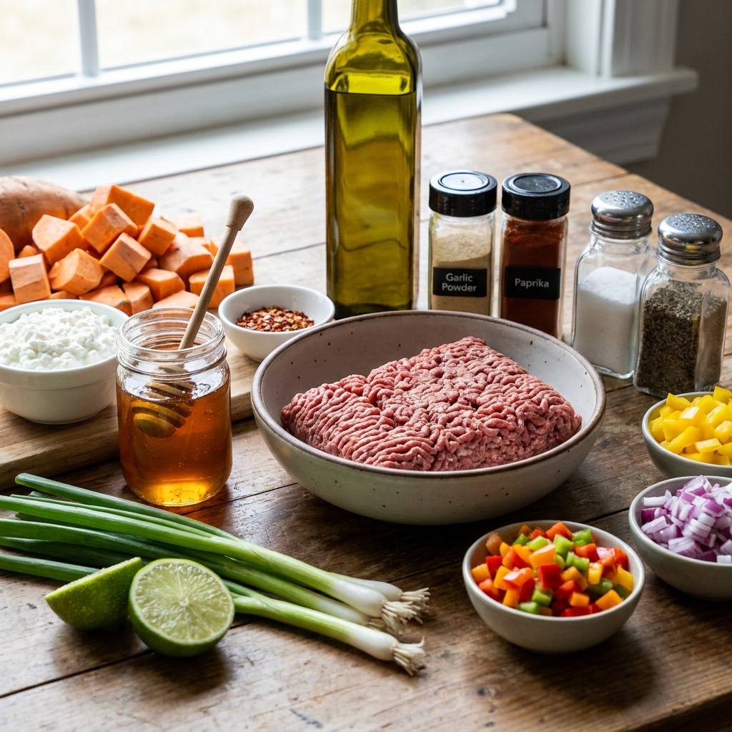 Hot honey cottage cheese sweet potato beef bowl