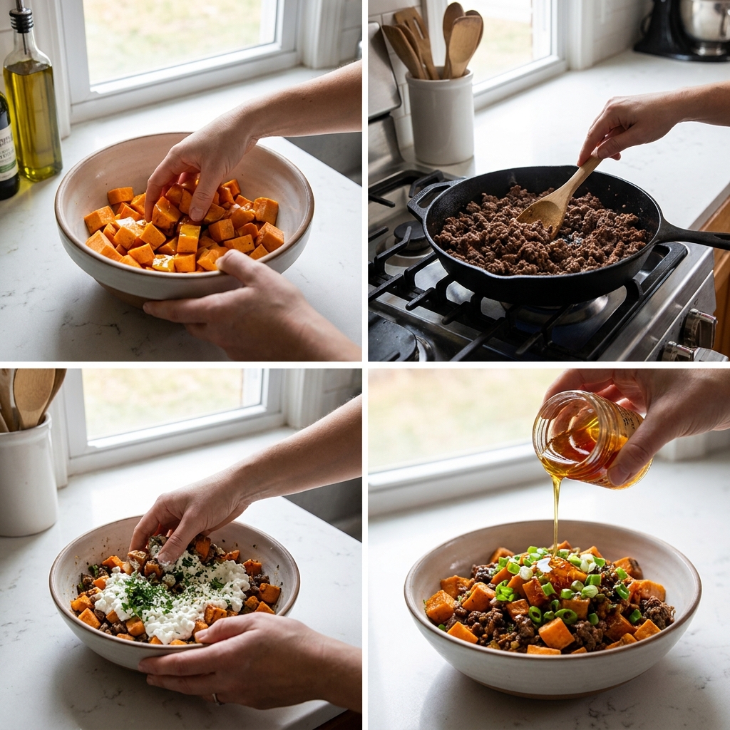 Hot honey cottage cheese sweet potato beef bowl