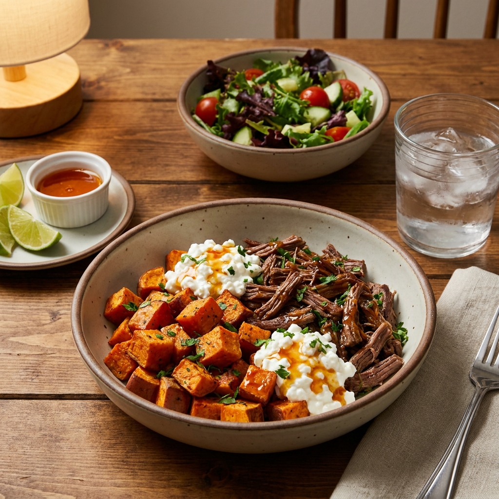 Hot honey cottage cheese sweet potato beef bowl