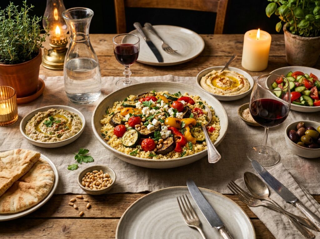 easy mediterranean roasted veggie couscous recipe 15 A full serving setup of 202604301450