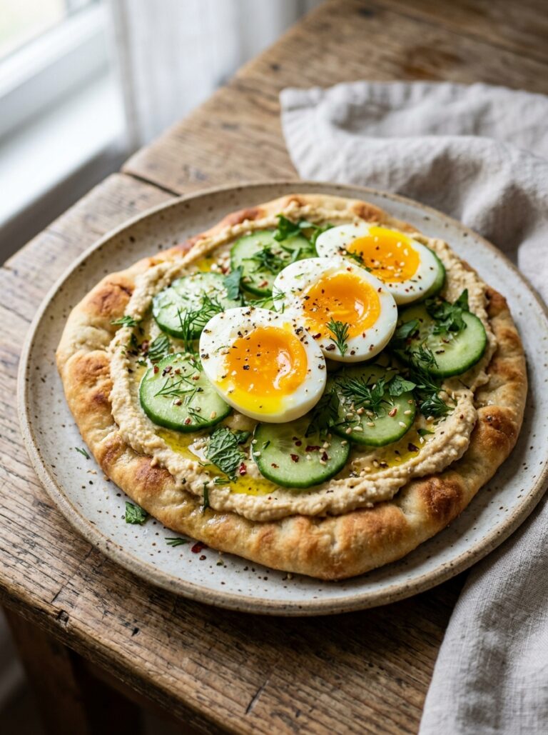 Mediterranean Breakfast Flatbread with Hummus Cucumbers and Jammy Eggs Recipe 17 A realistic close up recipe photo 202604281937