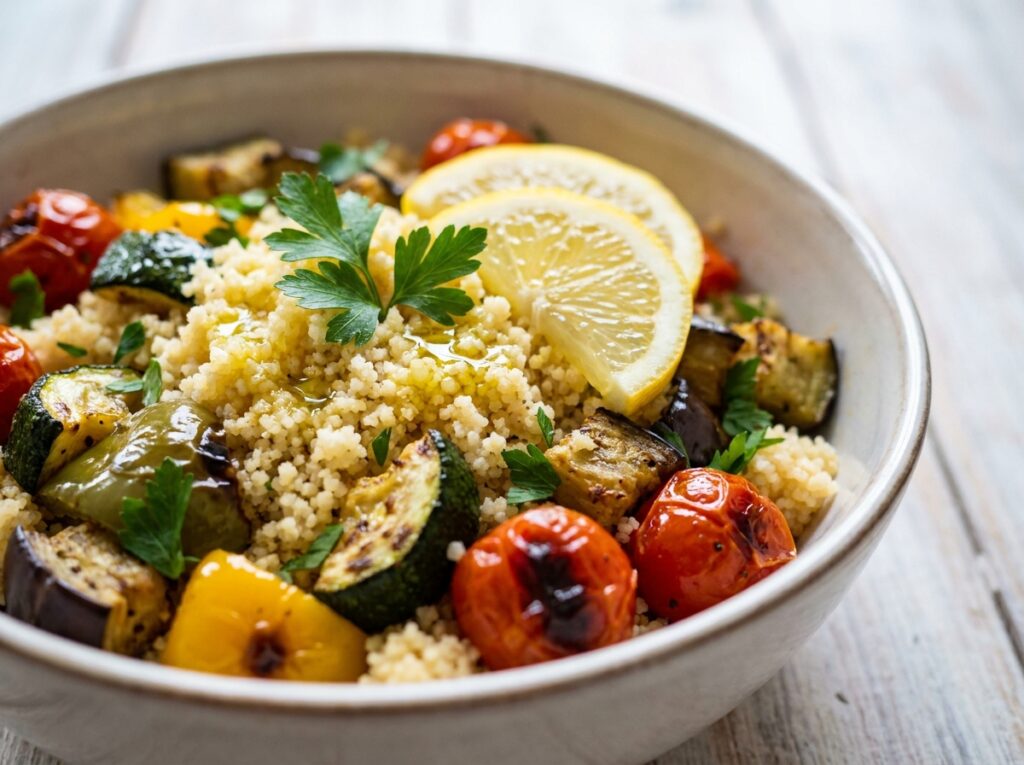 easy mediterranean roasted veggie couscous recipe 12 A realistic close up recipe photo 202604301450