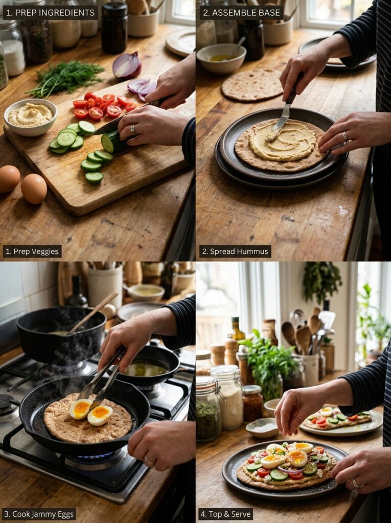 Mediterranean Breakfast Flatbread with Hummus Cucumbers and Jammy Eggs Recipe 14 A step by step cooking process 202604281937
