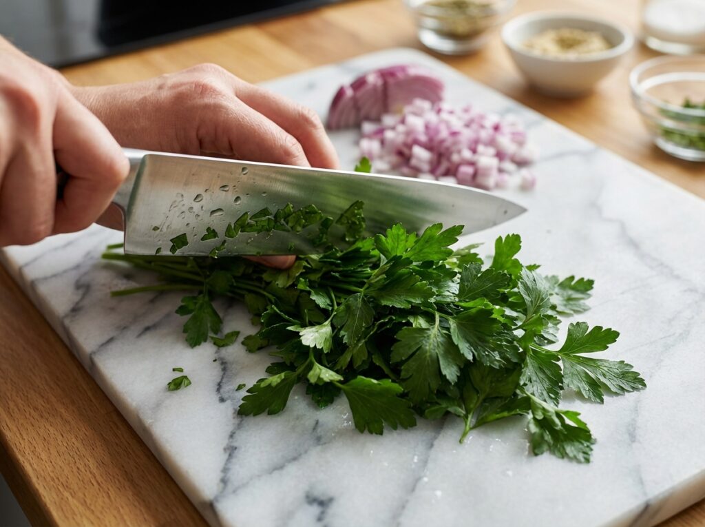 Chef slicing parsley 202604081731