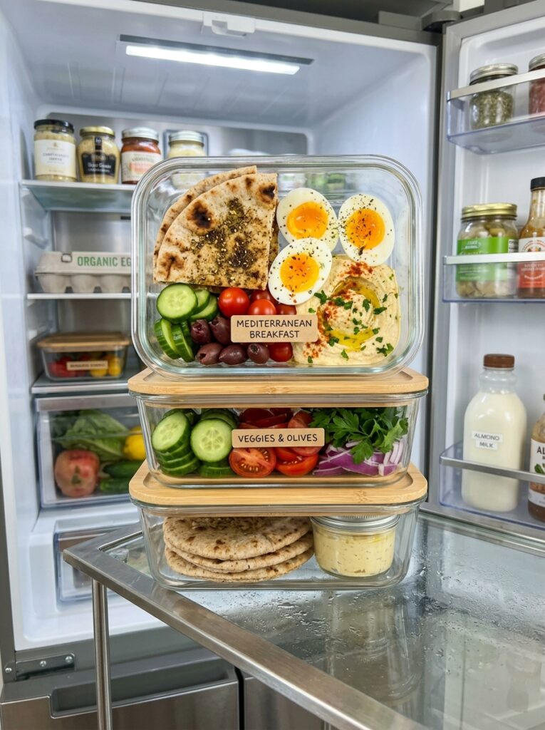 Mediterranean Breakfast Flatbread with Hummus Cucumbers and Jammy Eggs Recipe 16 Food containers with breakfast r… 202604281938
