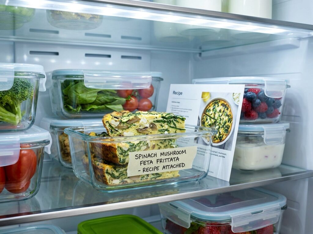 Mediterranean Spinach Mushroom Frittata with Feta Recipe 16 Food containers with frittata re… 202604301459