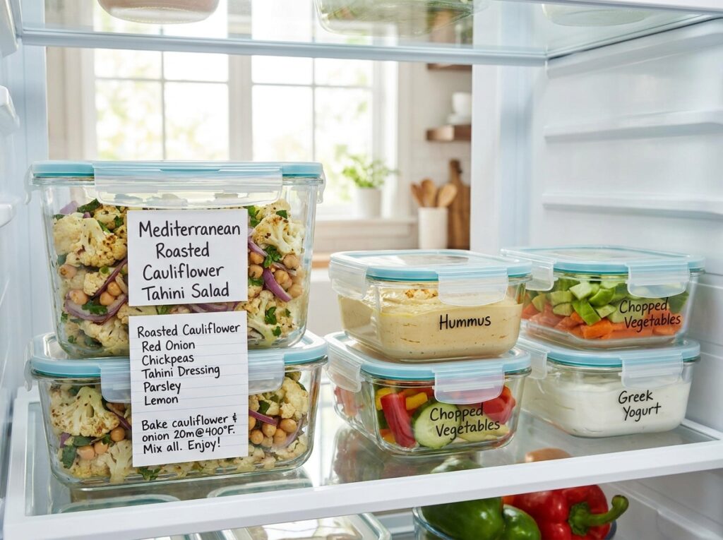 Mediterranean roasted cauliflower tahini salad recipe 16 Food storage containers kitchen … 202604301433
