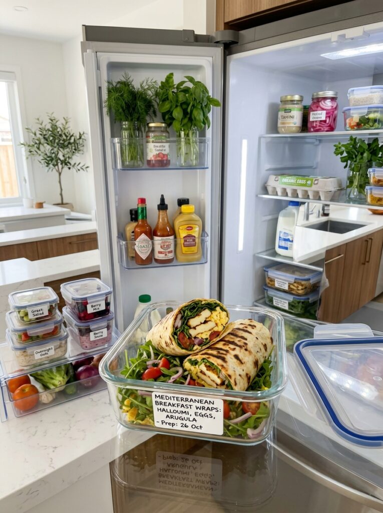 Mediterranean Breakfast Wrap with Halloumi Eggs and Arugula Recipe 16 Food storage containers mediterr… 202605011843