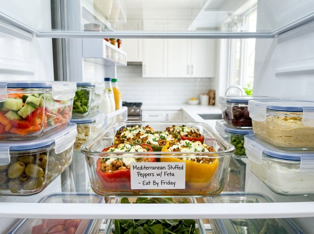 Mediterranean Ground Chicken Stuffed Peppers with Feta Recipe: A Flavorful Homemade Dinner 16 Food storage containers with mediterranean 202604301506