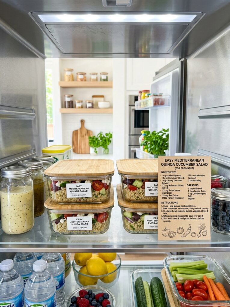 Easy Mediterranean Quinoa Cucumber Salad for Beginners Recipe 16 Food storage containers with salad 202604282147