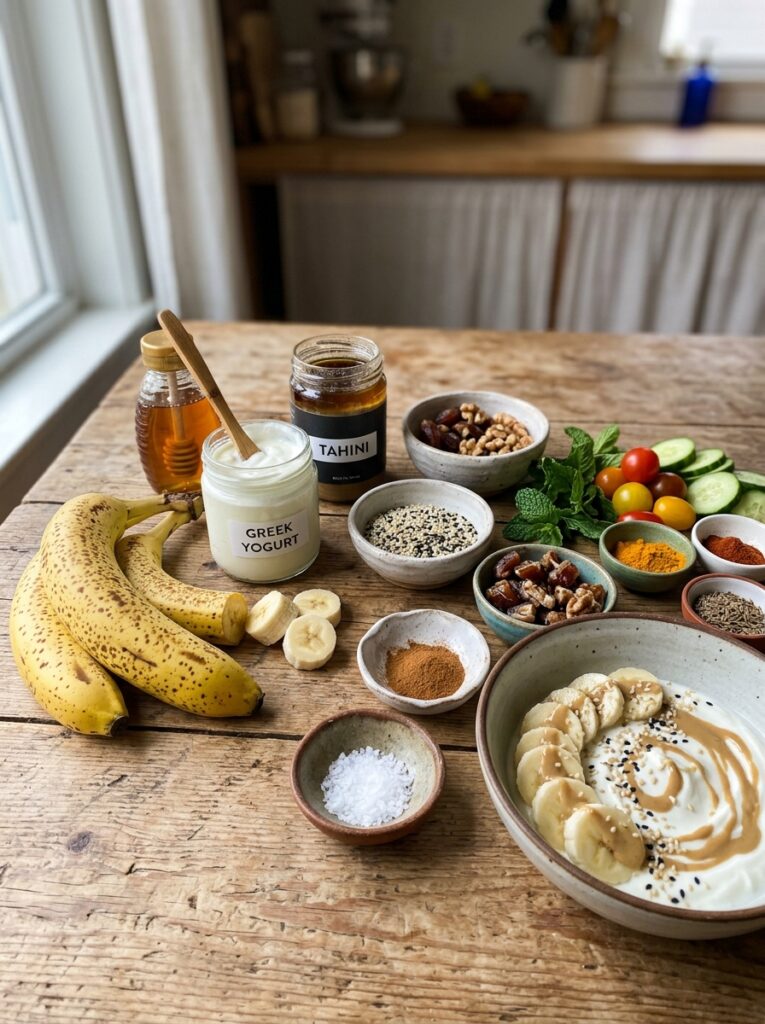 Ingredients for banana tahini bowl 202604282123
