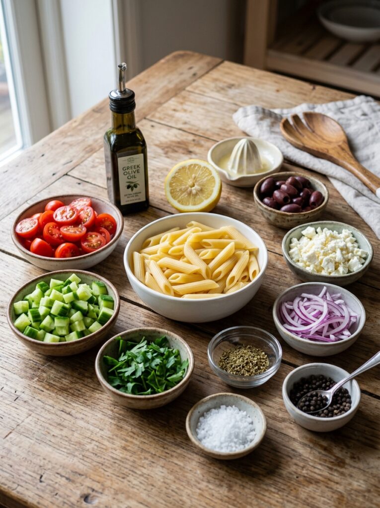 Ingredients for greek pasta salad 202604282113