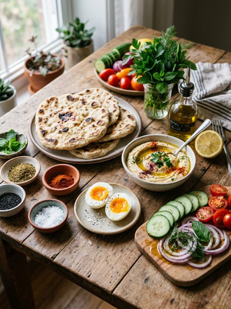 Mediterranean Breakfast Flatbread with Hummus Cucumbers and Jammy Eggs Recipe 13 Ingredients for mediterranean br… 202604281937