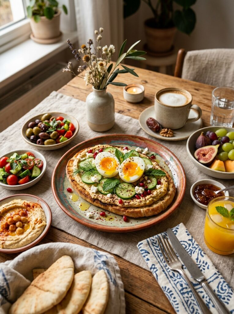 Mediterranean Breakfast Flatbread with Hummus Cucumbers and Jammy Eggs Recipe 15 Mediterranean breakfast flatbrea… 202604281937