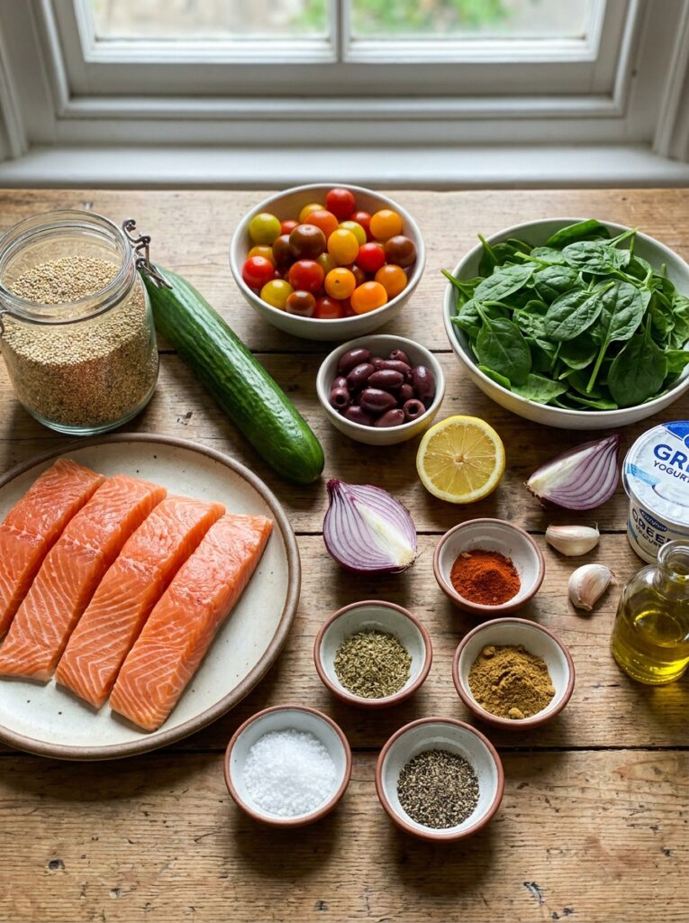 Mediterranean Grilled Salmon Bowls with Quinoa and Cucumber Recipe 13 Salmon bowls ingredients arrange… 202604301222