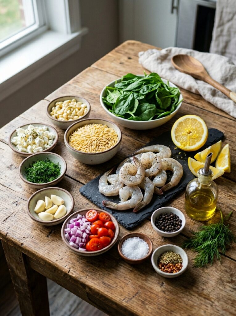 Mediterranean Lemon Orzo with Grilled Shrimp and Spinach Recipe: A Fresh, Flavorful Dinner 13 Shrimp orzo ingredients on table 202604282129