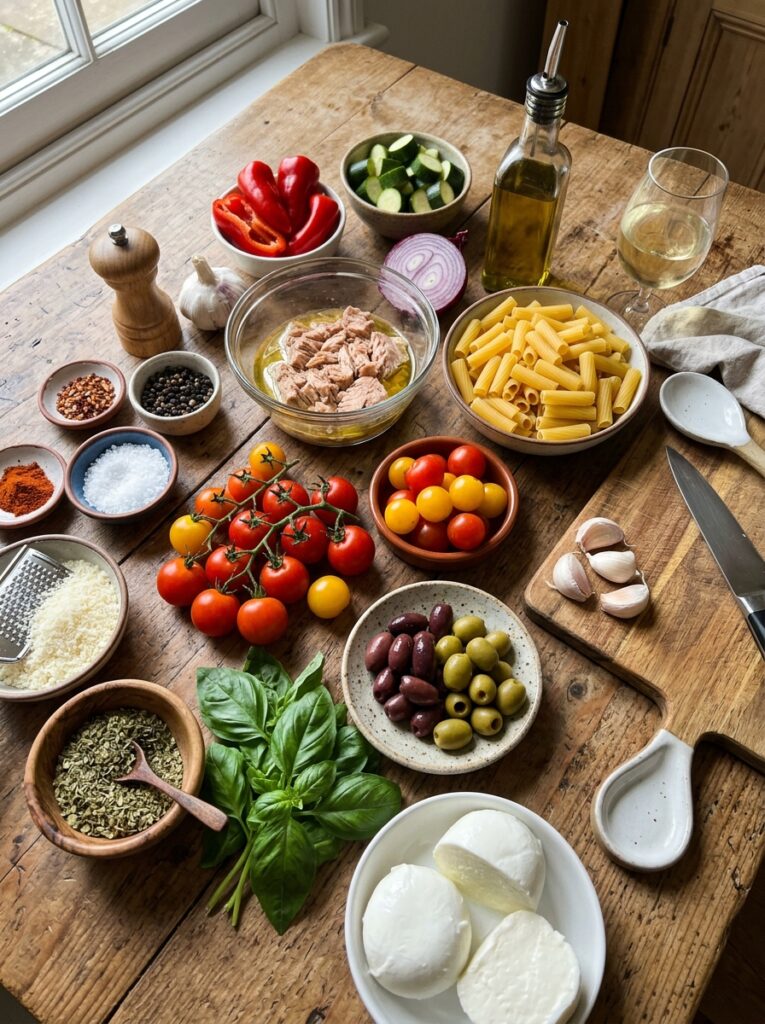 Mediterranean Tuna Pasta Bake with Tomatoes and Olives Recipe 13 Tuna pasta bake ingredients arra… 202604282142
