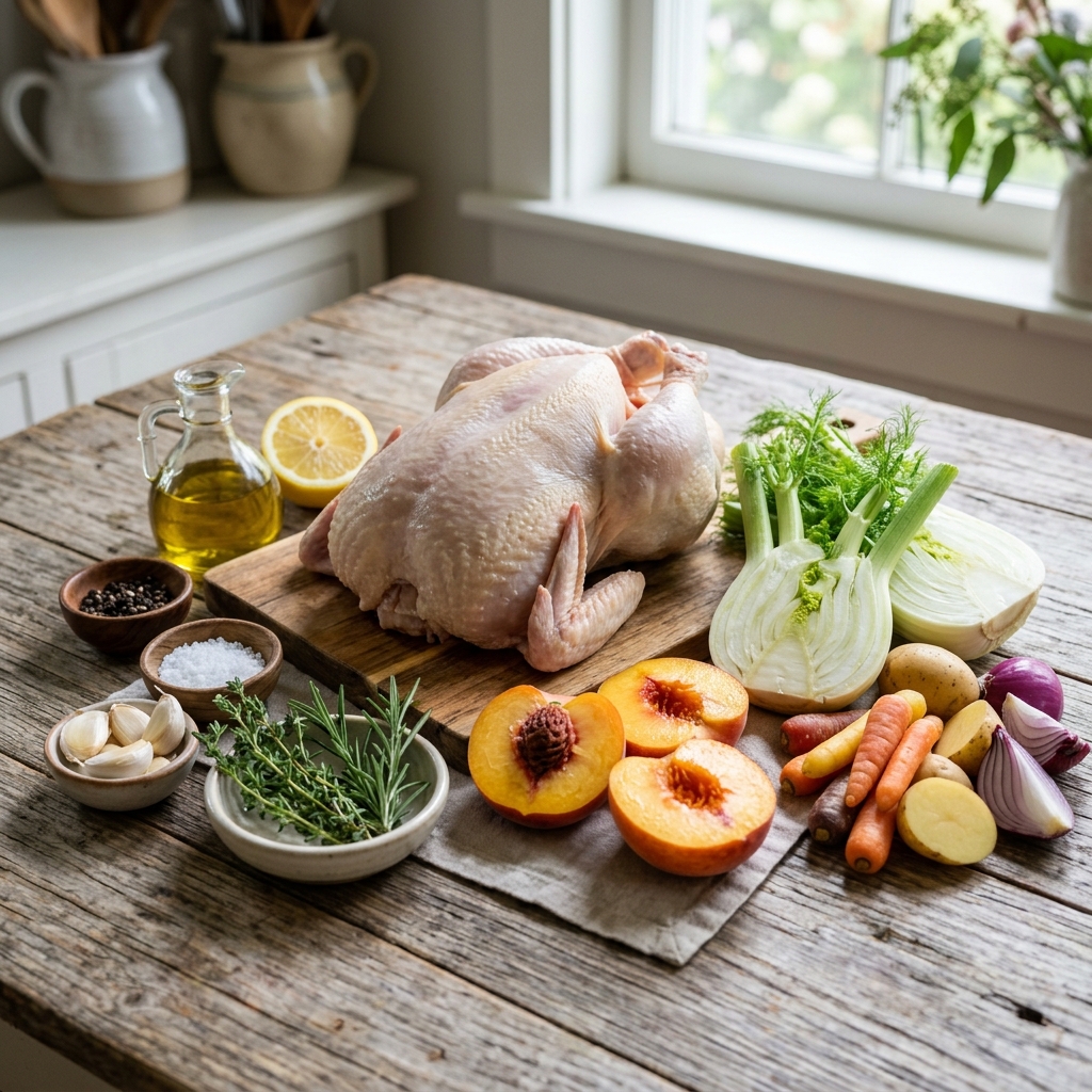 Roasted Chicken With Fennel and Peaches recipe
