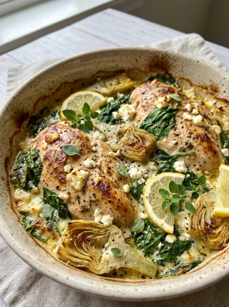 Easy Mediterranean Spinach Artichoke Chicken Bake Recipe 12 A realistic close up recipe photo 202605131741