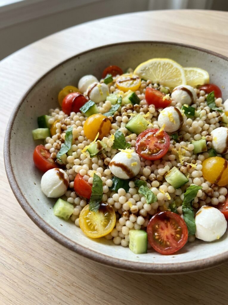 Mediterranean Caprese Couscous Salad Recipe 12 A realistic close up recipe photo 202605131752
