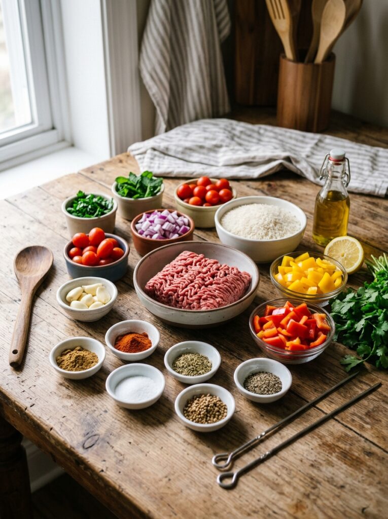 Mediterranean Beef Kofta Skillet with Peppers and Rice Recipe 13 Beef Kofta Skillet ingredients a… 202605142239