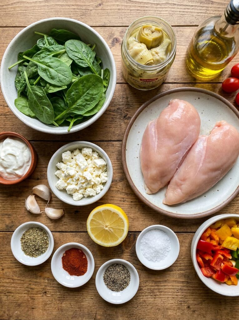 Easy Mediterranean Spinach Artichoke Chicken Bake Recipe 13 Chicken bake ingredients on table 202605131741