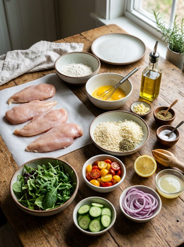 Mediterranean Garlic Parmesan Chicken Cutlets with Salad Recipe 13 Chicken cutlets and salad ingred… 202605251443