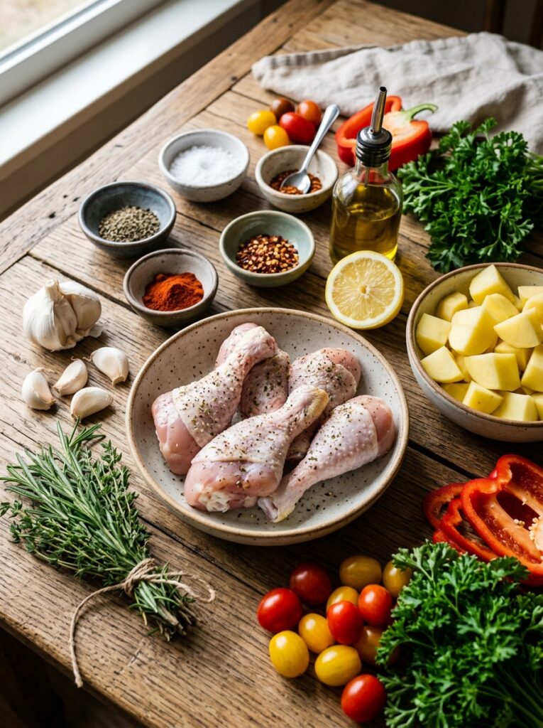 Mediterranean Garlic Herb Chicken Drumsticks with Potatoes Recipe 13 Chicken drumsticks potatoes garl… 202605181759