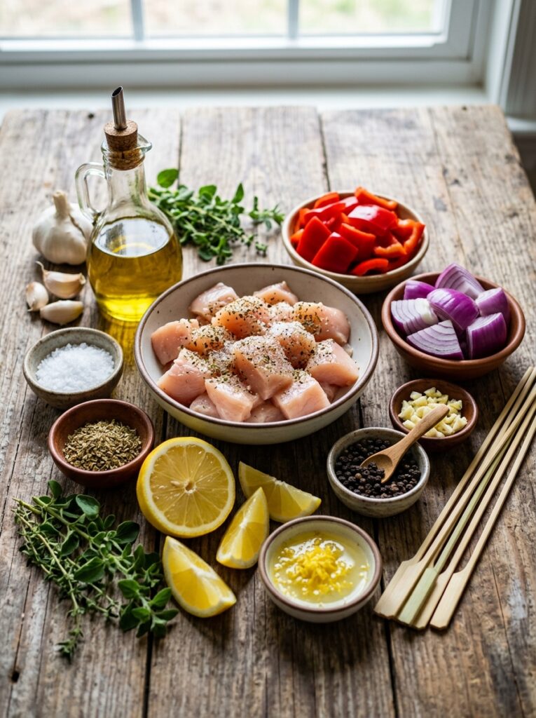 Mediterranean Lemon Chicken Kabobs with Red Onion and Peppers Recipe: Easy Grilling Guide 13 Chicken kabob ingredients on table 202605301921 1