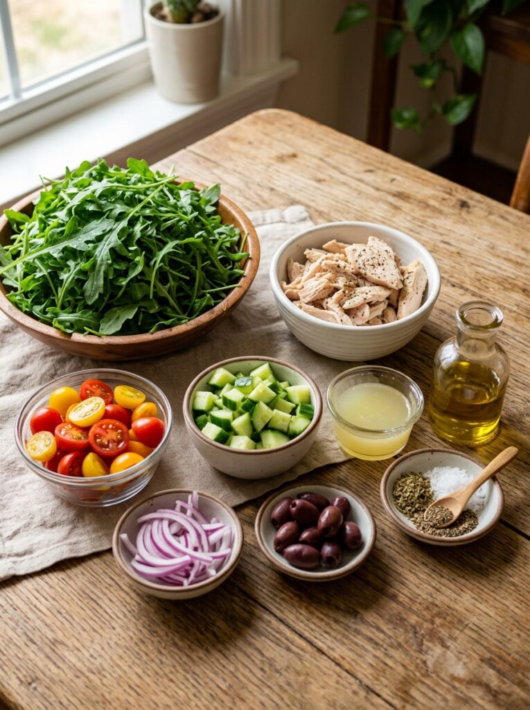Mediterranean Arugula Chicken Salad with Lemon Recipe: A Fresh, Zesty, and Healthy Homemade Meal 13 Close up amateur photo 202605181804