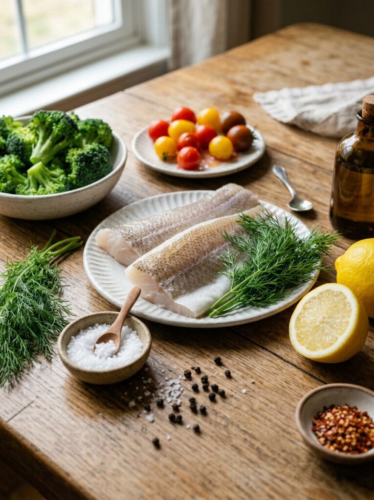Mediterranean Lemon Dill Cod with Roasted Broccoli Recipe: A Fresh and Flavorful Dinner 13 Cod ingredients arranged on table 202605142300