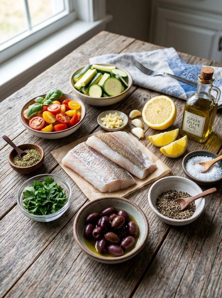 Mediterranean Baked Cod Packets with Zucchini and Olives Recipe 13 Cod packets ingredients arranged… 202605171639