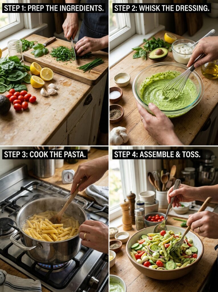 Green goddess dressing summer pasta salad 14 Cooking green goddess pasta salad 202606041748