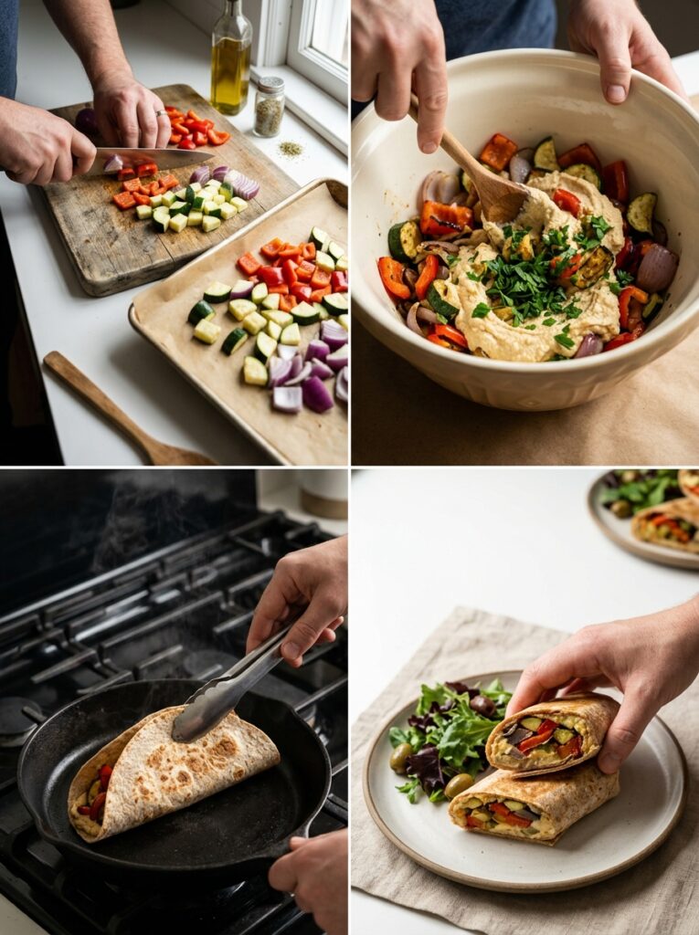 Mediterranean Roasted Veggie Hummus Wraps Easy Lunch Recipe 14 Cooking mediterranean veggie hum… 202605211226