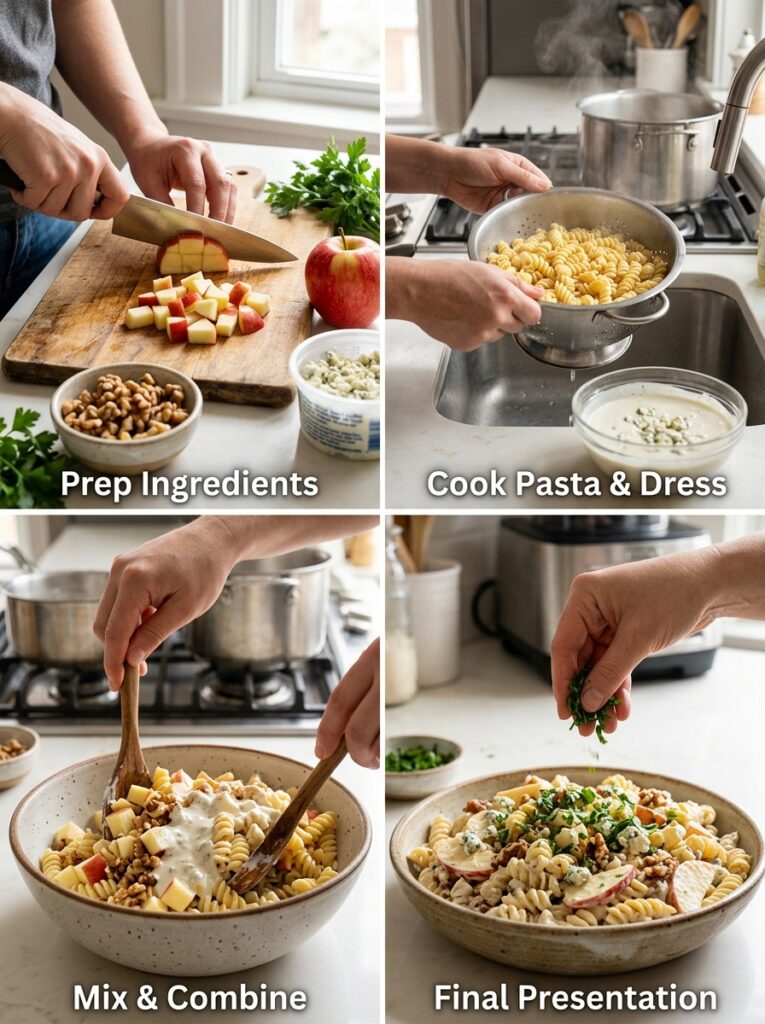 Creamy blue cheese walnut apple pasta salad 3 Creamy pasta salad cooking process 202606051738