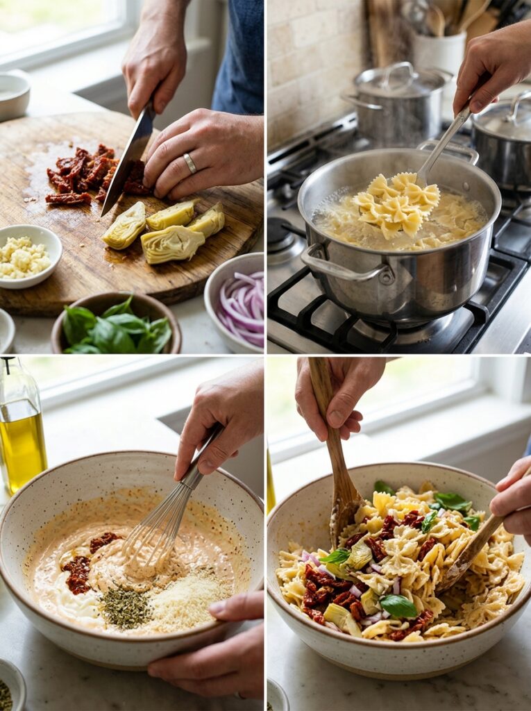 Creamy sun dried tomato artichoke pasta salad 14 Creamy pasta salad cooking process 202606062030