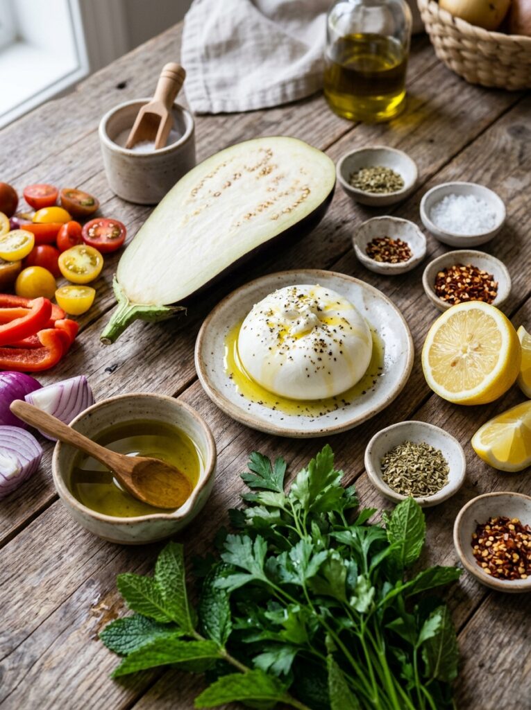 Eggplant burrata platter ingredi… 202605021644