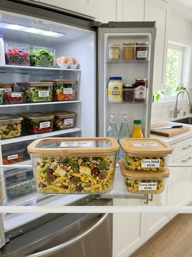 Creamy Curry Chicken Grape Pasta Salad 16 Food containers with curry pasta… 202606041648