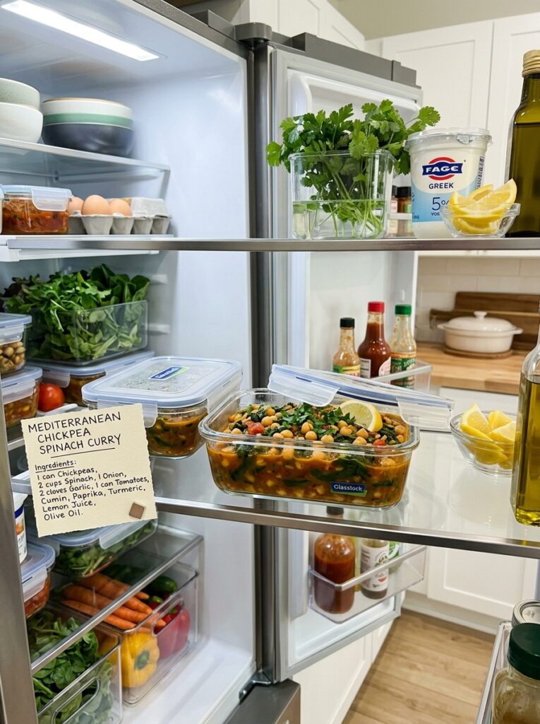 Mediterranean Chickpea Spinach Curry Dinner Recipe 16 Food containers with curry recipe 202605291451