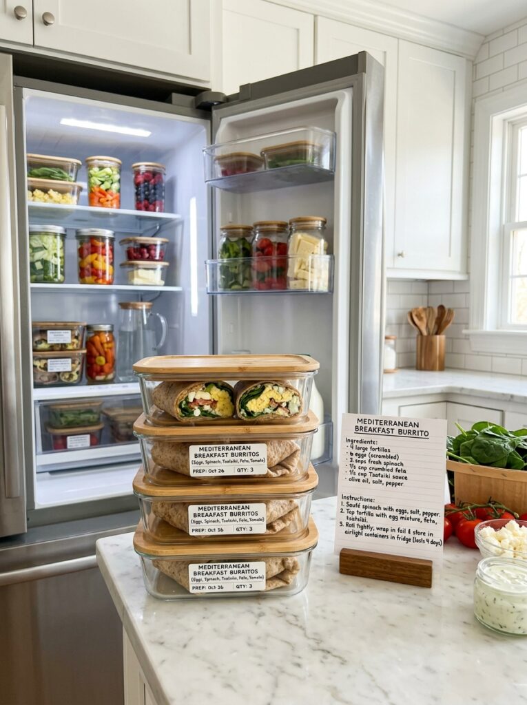 Mediterranean Breakfast Burrito with Eggs Spinach and Tzatziki Recipe 16 Food storage containers breakfas… 202605091929