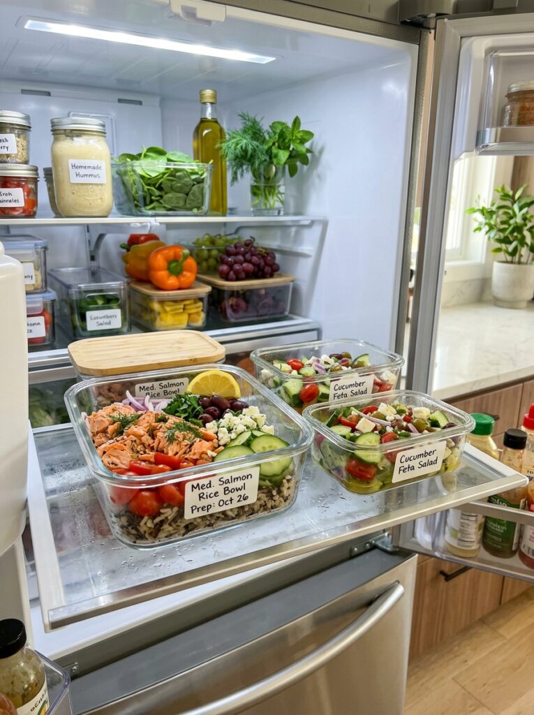 Mediterranean salmon rice bowls with cucumber feta salad recipe 16 Food storage containers salmon r… 202605142247