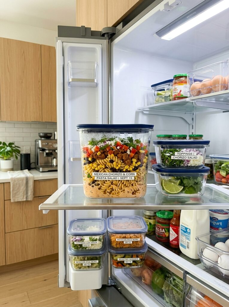Mexican Style Chorizo Corn Pasta Salad 16 Food storage containers with cho… 202606051742