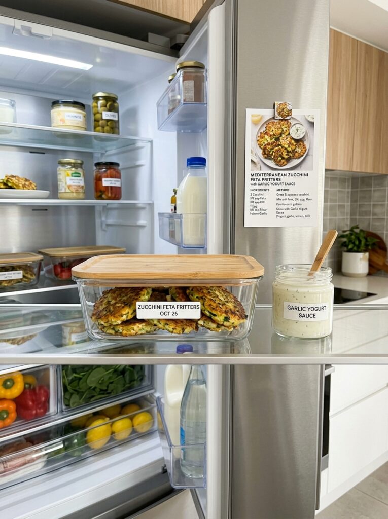 Mediterranean Zucchini Feta Fritters with Garlic Yogurt Sauce Recipe 16 Food storage containers with fri… 202605251432