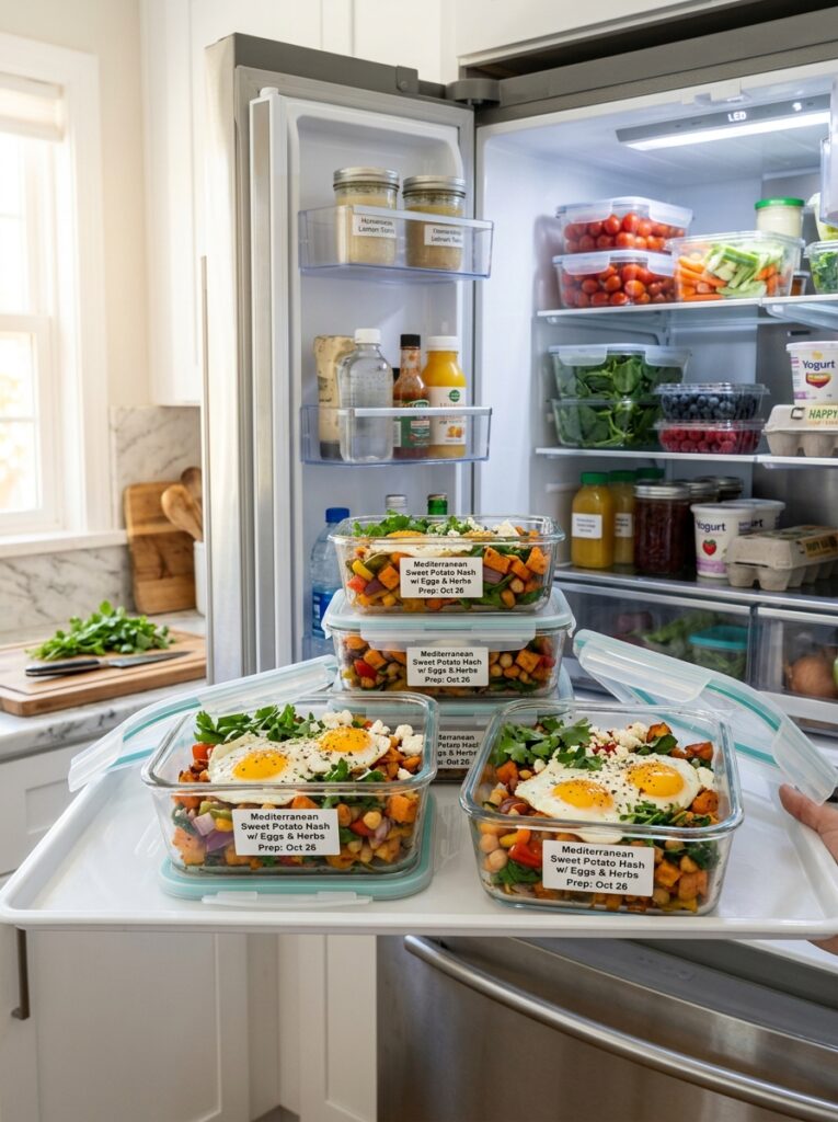 Mediterranean Sweet Potato Breakfast Hash with Eggs and Herbs Recipe 16 Food storage containers with hash 202605031921