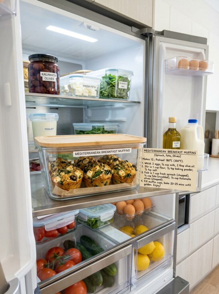 Mediterranean Breakfast Muffins with Spinach, Feta, and Olives: A Savory Homemade Recipe 16 Food storage containers with muf… 202605291527