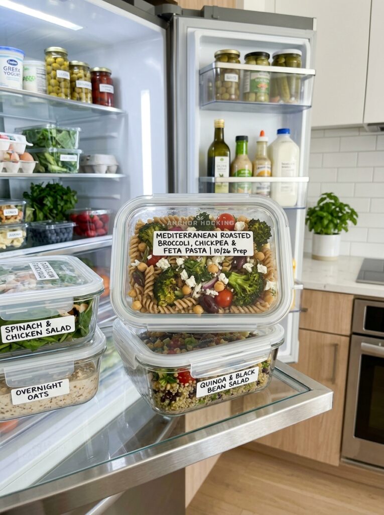 Mediterranean roasted broccoli chickpea pasta with feta recipe 16 Food storage containers with pasta 202605101308