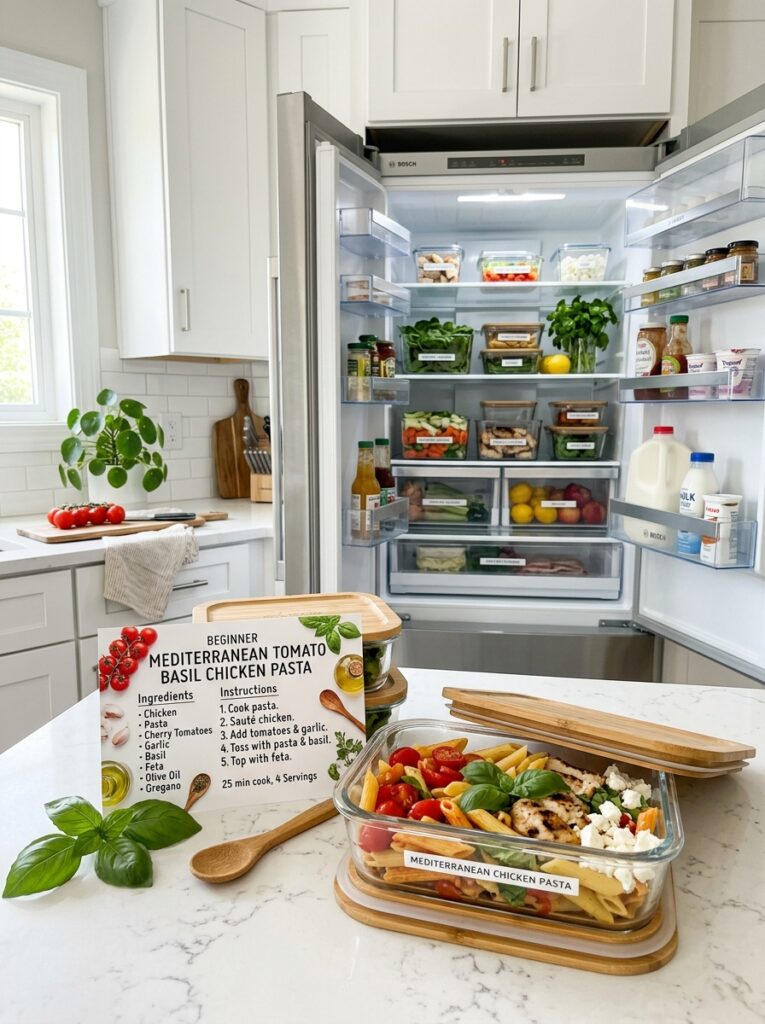 beginner mediterranean tomato basil chicken pasta recipe 16 Food storage containers with recipe 202605032147