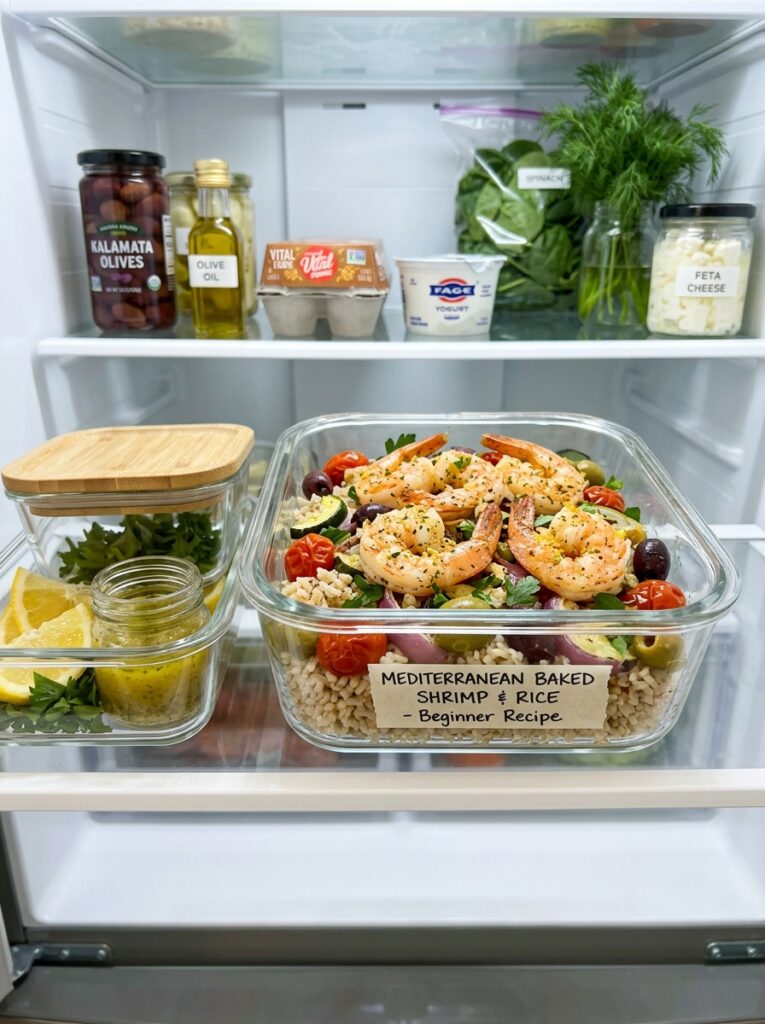 Beginner Mediterranean Baked Shrimp and Rice Recipe: A Simple One-Pan Dinner 16 Food storage containers with recipe 202605181750