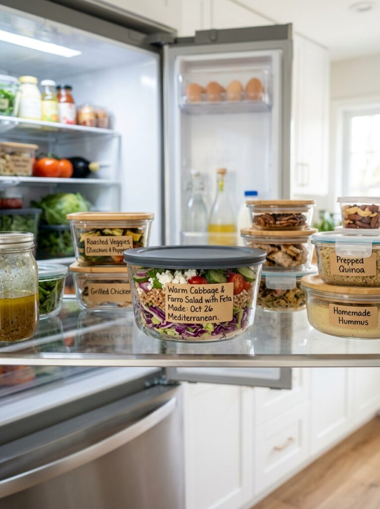Mediterranean Warm Cabbage and Farro Salad with Feta Recipe 16 Food storage containers with salad 202605081953